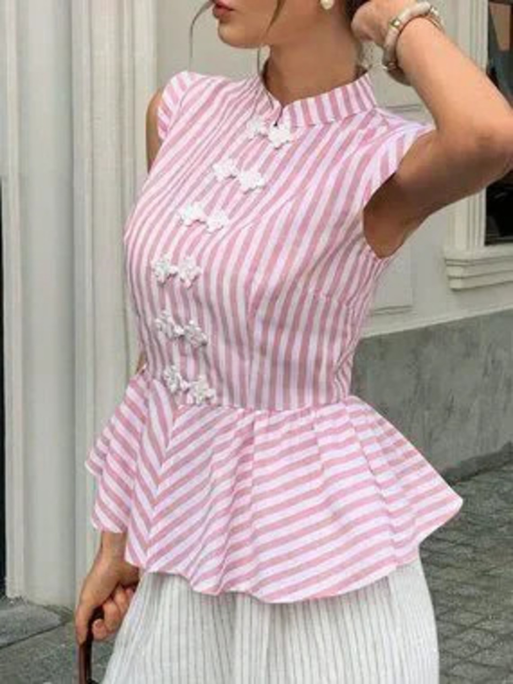 Pink Casual Women's Striped Ruffle Hem Button-Up Shirt